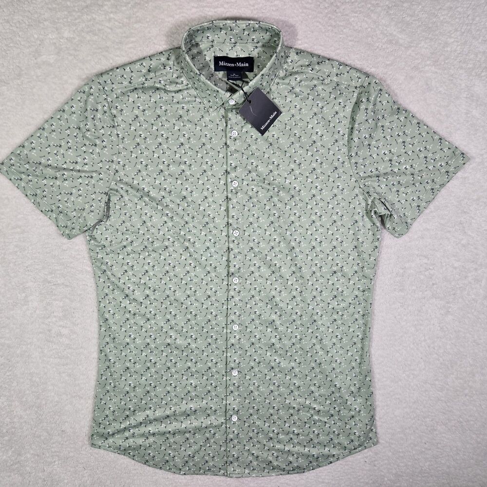 Mizzen + Main Mens Medium Trim No Tuck Tall Green‎ Floral Button Shirt S/S MT